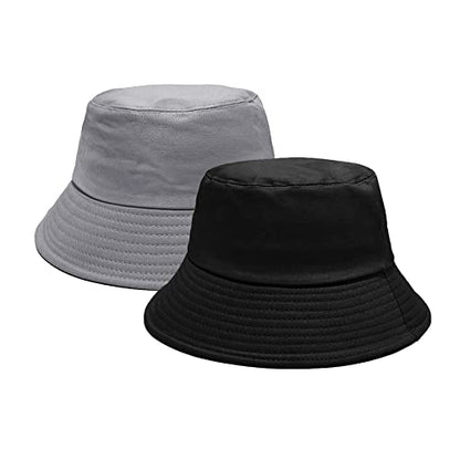 PFFY 2 Packs Bucket Hat for Women Men Cotton Hats Sun Beach Fishing Cap - color: Grey+black