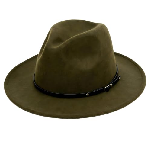 Unisex Adjustable Belt Buckle Wide Brim Fedora Hat, Felt Panama Hat for Men Women Formal Casual Wear - color: Army Green