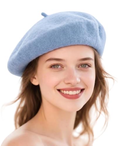 Wool French Beret Hats for Women Classic Winter Beanie Cap - color: Sky Blue