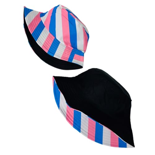 Pride Unisex Bucket Hat Reversible Double-Side-Wear Packable for Travel, Outdoors, and Beach - color: Pink/Blue/White Stripes