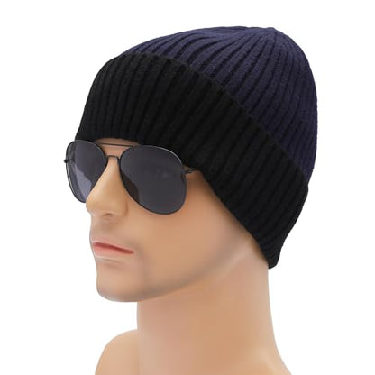 ZLYC Men Winter Knit Fisherman Beanie Hat Fashion Warm Daily Skull Cap - color: Cuffed Black and Navy