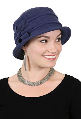 Fleece Flower Cloche Hat for Women Chemo Cancer Ladies Headwear 50+ UPF - color: Navy Blue