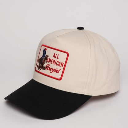 MIRMARU Western Cowboy Embroidered 5 Panel Cotton Two Tone Trucker Hat-Retro Southwest Style Snapback Cap for Men and Women. - color: Patch-all American Cowgirl,black