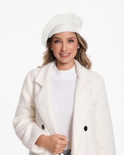 Women's Knitted Beret, French Style Double Layer Winter Autumn Warm and Soft Beanie Hat Cap - color: White