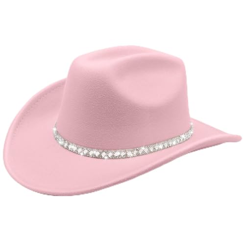 DRESHOW Western Cowboy Hat for Women and Men Wide Brim Glitter Cowboy Cowgirl Hat with Rhinestone Felt Fedora Hats - color: 1 Pack Style 10: Light Pink