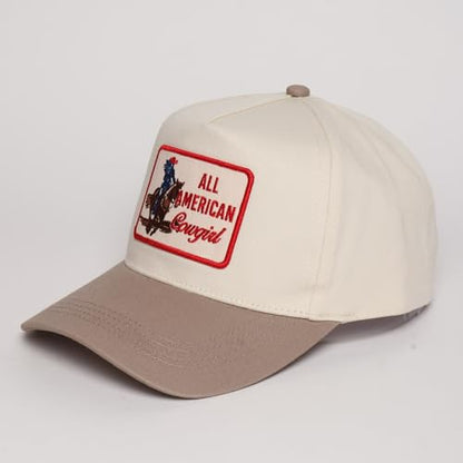 MIRMARU Western Cowboy Embroidered 5 Panel Cotton Two Tone Trucker Hat-Retro Southwest Style Snapback Cap for Men and Women. - color: Patch-all American Cowgirl,beige