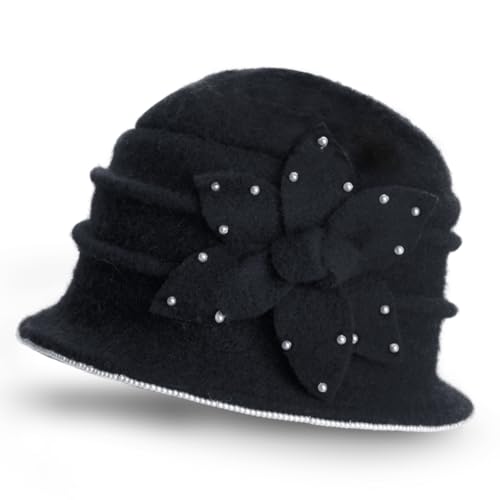 Dahlia Women's Winter Hat - Wool Vintage Cloche/Bucket Hat, Daisy Flower - color: Beaded Black