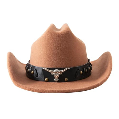 Lanzom Cowboy Hat for Women and Men with Shapeable Wide Brim Felt Western Hats for Cowboys and Cowgirls - color: Khaki