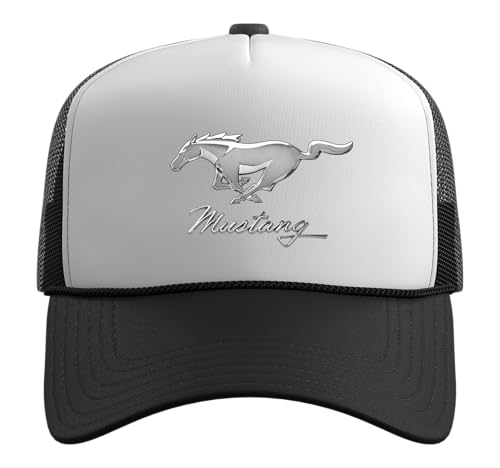 Mustang Emblem Trucker Hat with Adjustable Mesh Back - color: Black/White