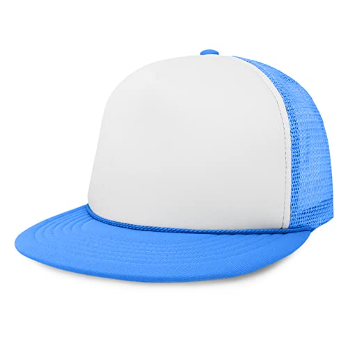 DALIX Flat Billed Trucker Hat Mesh Back S M L Adjustable Cap Solid Two Toned Snapback - color: Neon-blue-white, size: One Size