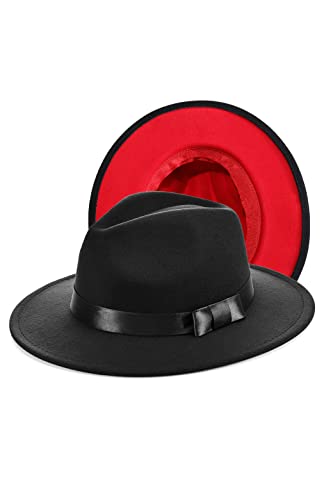 BABEYOND 1920s Fedora Hat for Men Gatsby Wide Brim Hat Felt Panama Cap - color: Black Red