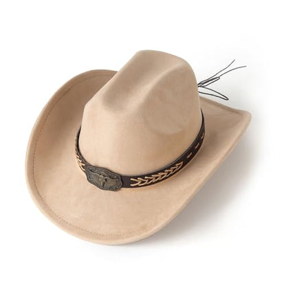 Western Cowboy Hat for Women Men Retro Suede Hat - color: Camel-square Bull Buckle