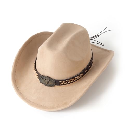 Western Cowboy Hat for Women Men Retro Suede Hat - color: Camel-square Bull Buckle