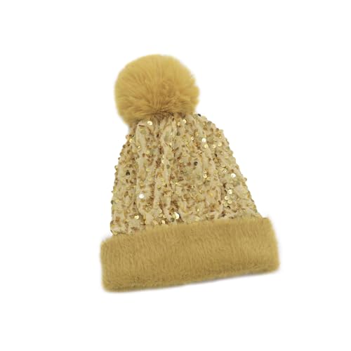 Women Sparkly Sequins Knitted Beanie Hat Warm Winter Skull Cap with Faux Fur Pom Pom - color: Light Gold