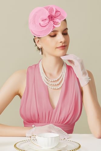 BABEYOND Fascinators Hats for Women Tulle Pillbox Knot Bead Tea Party Hat - color: Pink
