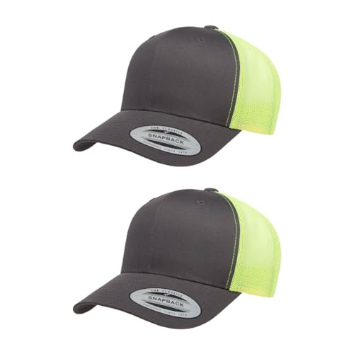Yupoong Classic Mesh 6 Panel Retro Trucker Cap | Mid Profile Snapback - color: Charcoal/Neon Yellow