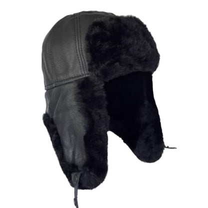 Leather Aviator Russian Ushanka Trapper Shearling Sheepskin Fur Ear Flap Waterproof Winter Hat - color: Black, size: Medium