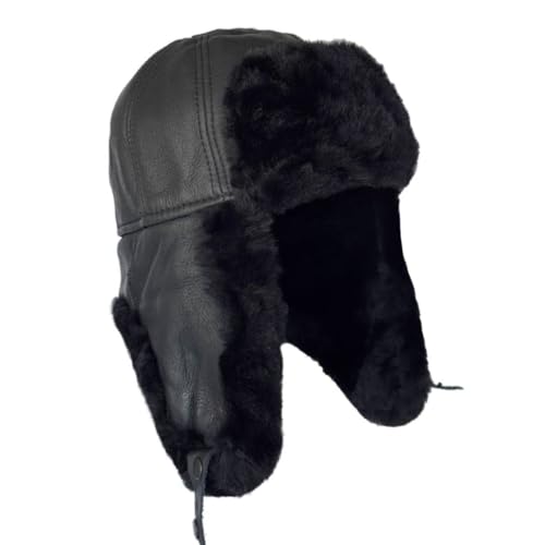 Leather Aviator Russian Ushanka Trapper Shearling Sheepskin Fur Ear Flap Waterproof Winter Hat - color: Black, size: XX-Large