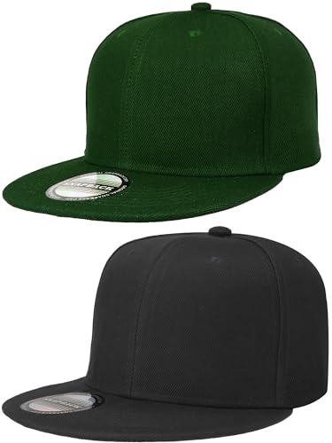 Falari Classic Snapback Hat, 2-Pack, Flat Bill, Adjustable Size, Hip Hop Style - color: Black & Hunter Green