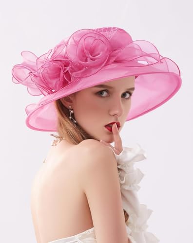 Women Derby Fascinator Hat Organza Church Wedding Hats Wide Brim Cocktail Tea Party Hat - color: 12 Fuchsia