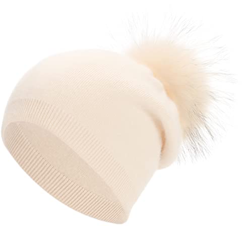 Women's Double Layer Winter Slouchy Knit Beanie Hat with Real Fur Pom Pom - color: Beige Pom