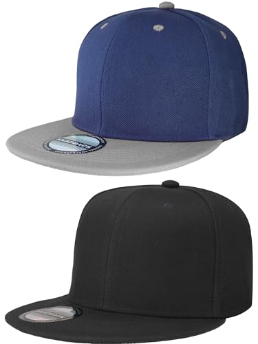 Falari Classic Snapback Hat, 2-Pack, Flat Bill, Adjustable Size, Hip Hop Style - color: Black & Navy/Grey