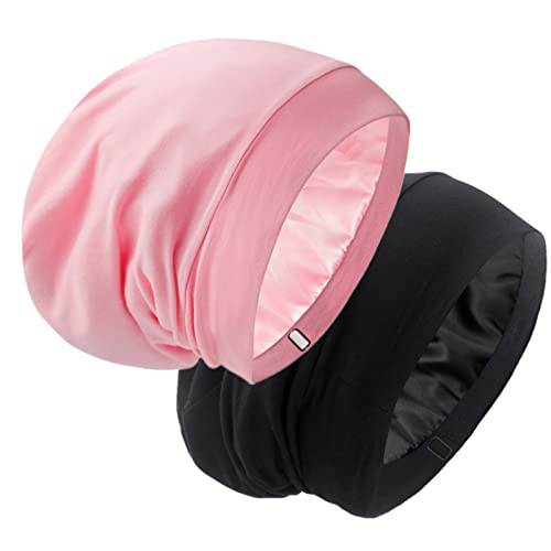 Silk Satin Lined Bonnet Sleep Cap - Adjustable Stay on All Night Hair Wrap Cover Slouchy Beanie for Curly Hair Protection for Women and Men - Black & Pink - color: Black & Pink, size: One Size