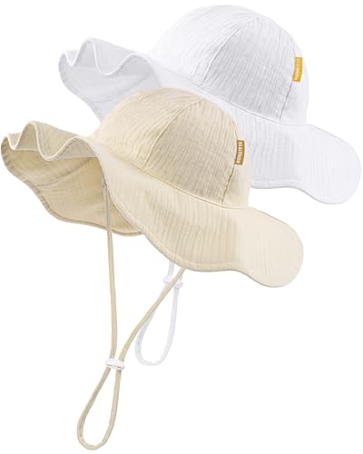 HONGTEYA Baby Sun Hat Muslin Wide Brim Toddler Girl Beach Bucket Hat - color: White/Beige, size: 2-5T