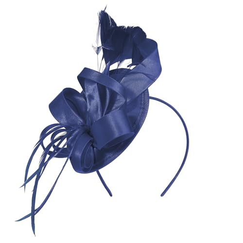 Century Star Kentucky Fascinator-Derby Hats for Women 2026 - Feather & Ribbon Hair Clip Headband Tea Party Wedding Church Hat - color: Navy