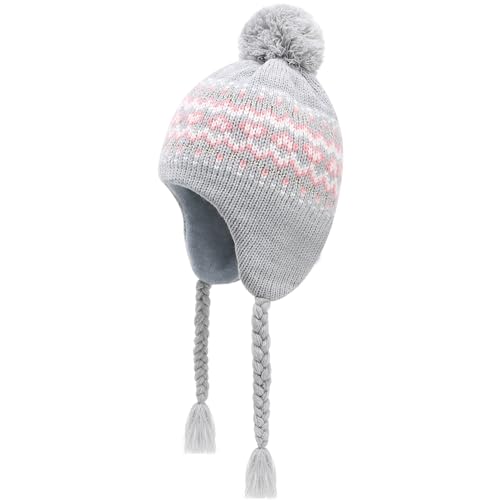 Winter Peruvian Hat Earflap Fleece Lined Girls Knit Beanie 3-10T - color: 3b-greypink, size: 3-5T