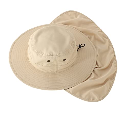 Home Prefer UPF50 Mens Sun Hat with Neck Flap Quick Dry UV Protection Cap Womens Wide Brim Fishing Hat Neck Flap Beach Garden - color: Light Khaki