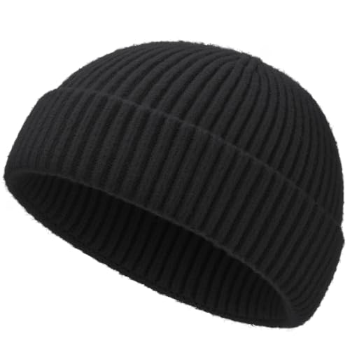 Short Fisherman Beanie for Men Women Wool Knit Cuff Winter Hats - color: 1pcs-black
