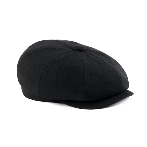 FEINION Men 8 Panel Herringbone Wool Newsboy Cap - color: Black, size: 7 3/8