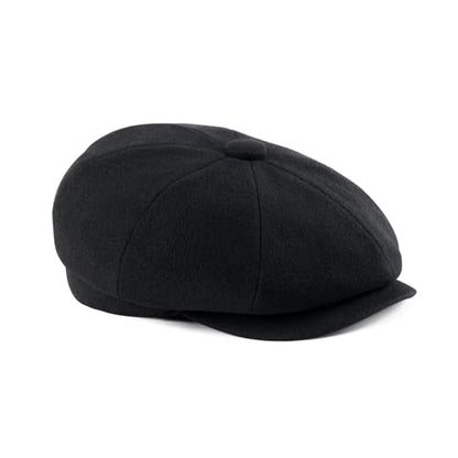 FEINION Men 8 Panel Herringbone Wool Newsboy Cap - color: Black, size: 7 3/8