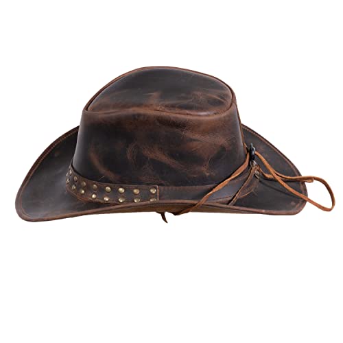 Outback Trading Unisex Adult's Hemlock Leather Durable Brown Cowboy Hat with Chin Cord, Wire Brim & Double Studded Hatband - size: Medium