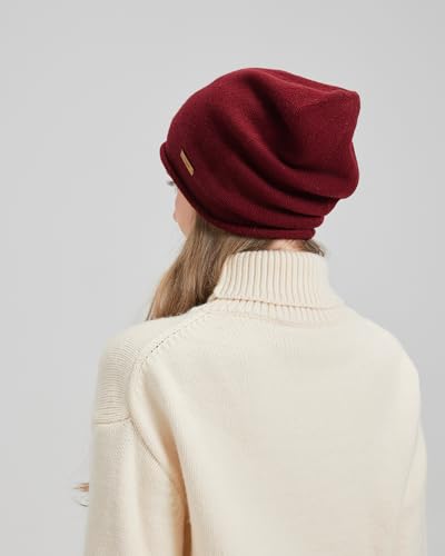 100% Merino Wool Slouchy Beanie Hat, Women Warm Winter Caps Soft, Ladies Breathable & Cozy Stretchy Knitted Skull Cap - color: Deep Red