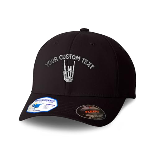 Custom Flexfit Cap for Men & Women Embroidered Skeleton Finger Skull Hand Flexfit Hats Baseball Caps - color: Black Personalized Text Here, size: Large-X-Large