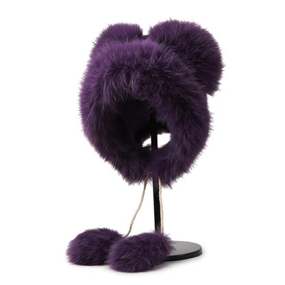 Winter Faux Fur Hat with Ears Flaps Fluffy Bear Beanie Cap Animal Lovers Gift - color: Purple