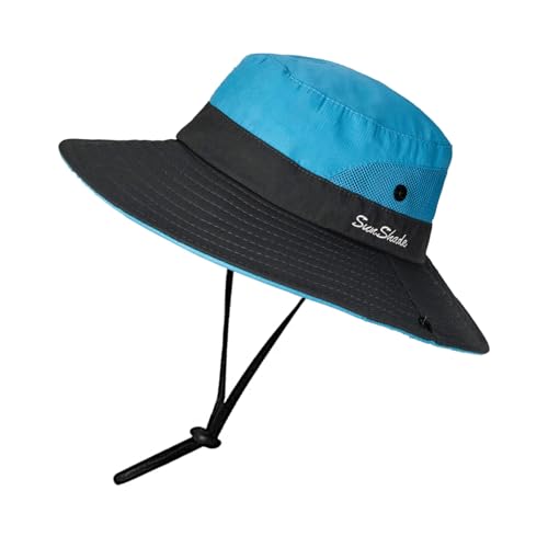 Women's Outdoor-UV-Protection-Foldable-Sun-Hats-Wide-Brim Hat Ponytail-Hole - color: Blue