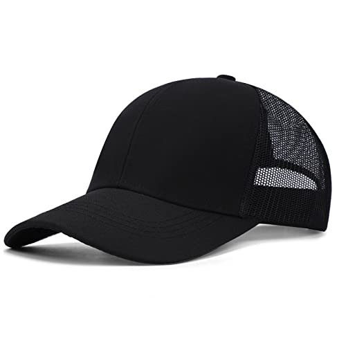 Blank Mesh Back Trucker Hat for Men and Women, Unisex Adjustable Snapback Baseball Cap, Adult Plain Classics Retro Hat - color: Black