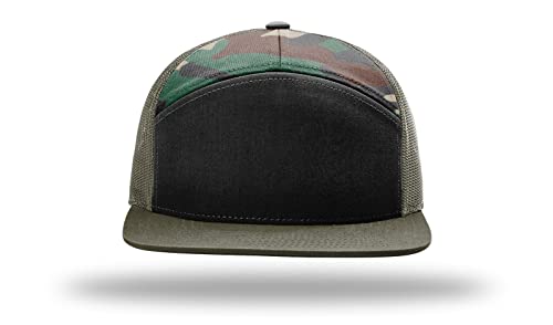 Richardson 168 168P Hat 7-Panel Trucker Cap Hi-Pro Snapback Cap Camo Hat Adjustable Baseball Hat Blank Hat Bulk Hats - color: Black/Camo/Loden
