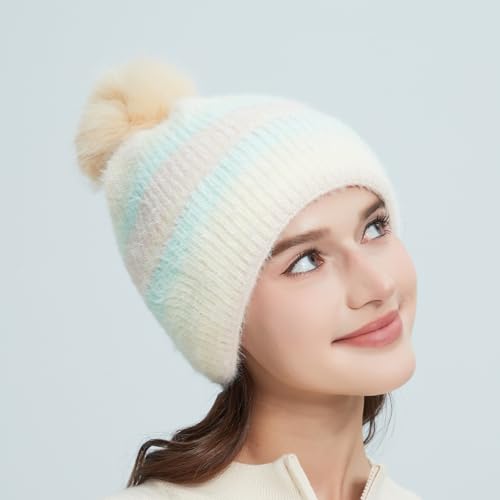 Women‘s Slouchy Knitted Beanie with Pom - Fleece Lined, Ribbed Cap with Stripes - color: Yellow
