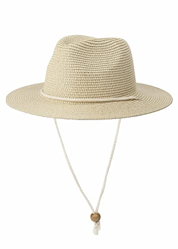 Women Straw Fedora Hat Summer Panama Beach Sun Hats UV UPF50+ Cap - color: Beige