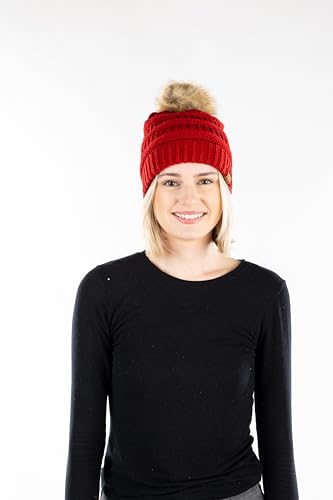 Funky Junque Cozy Ribbed Beanie with Luxurious Faux Fur Pom Pom - Warm Cable Knit Winter Skull Cap - color: Red W/Natural Pom