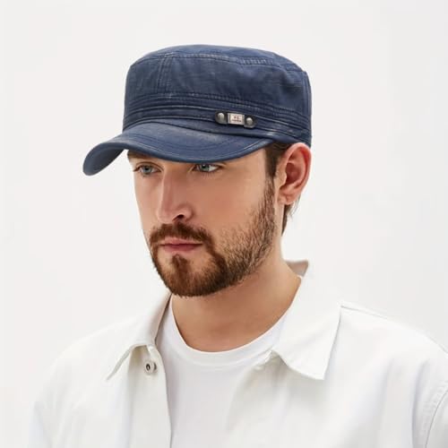 Initlove Cadet Caps for Men Washed Cotton Military Army Cap Flat Top Hat for Women - color: Navy