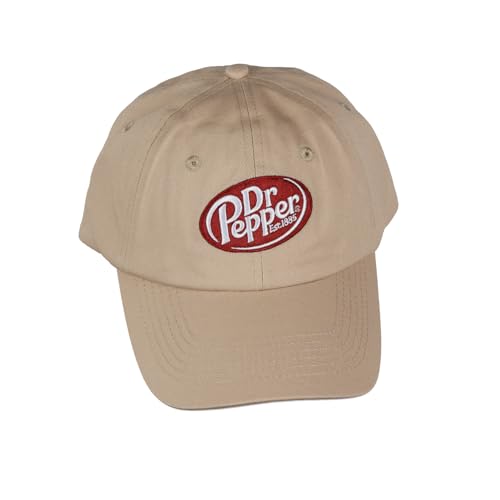 Dr Pepper Baseball Cap Embroidered Logo Design Adjustable Slide Strap Dad Hat OSFM Tan