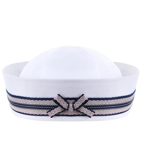 Sailor Hat White Sailor Cap with Bowknot Yacht Captain Hat Navy Costume Hat for Captain Birthday Halloween Costume - color: Striped Bowknot