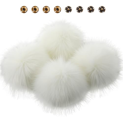 Juinte 4 Pcs 6 Inch Large Fur Pom Pom Balls for Hats, White - color: White