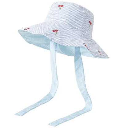 Women's Reversible Bucket Sun Hat with Cherries Embroidered Pattern, UPF 50+ UV Protection, Water Resistant for Beach Hiking - color: Light Blue