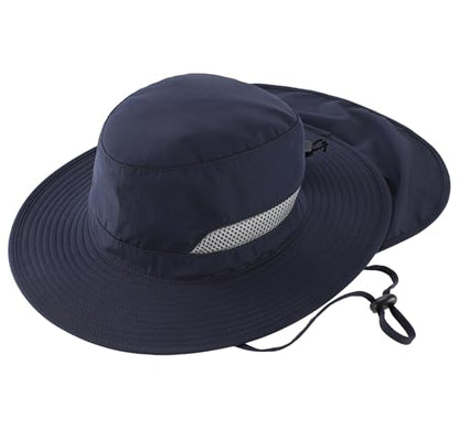 Connectyle UPF 50+ Wide Brim Sun Hat for Men Women UV Protection Fishing Hat with Neck Flap Outdoor Safari Bucket Hiking Hats - color: Navy Blue